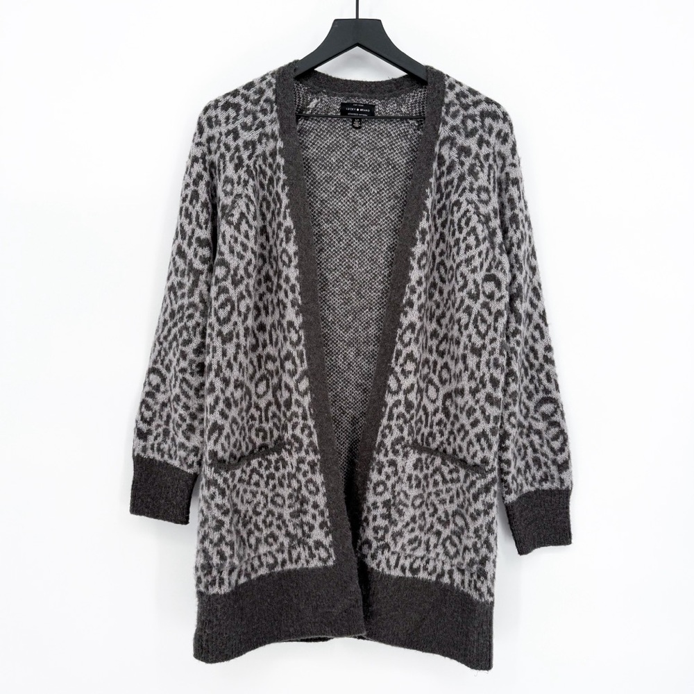 ☀️ 3/$25 Lucky Brand Leopard Print Long Line Open Front Cardigan Gray Small